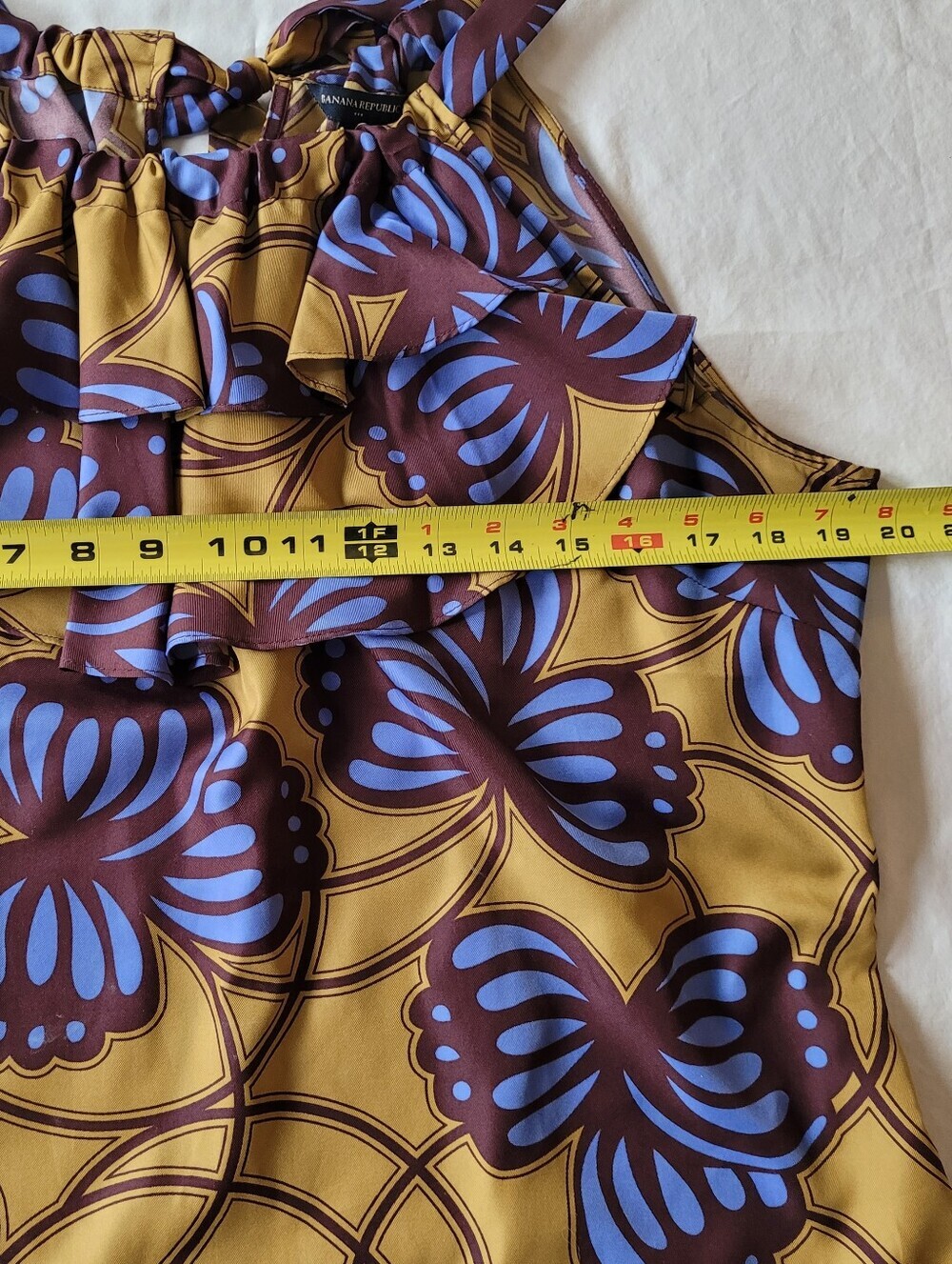 Banana Republic Sleeveless Tie-Neck Floral Print Top in Mustard, Blue & Brown L - Picture 8 of 10
